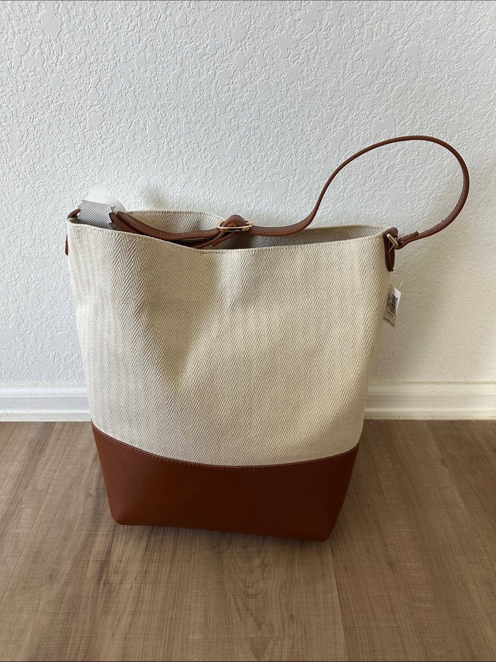 Old Navy Canvas & Leather Two-Tone Bucket Bag - Cream and Brown